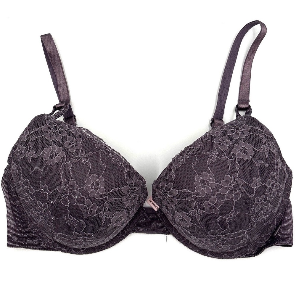 Victoria's Secret Plum Purple Gray Lace Sequin Push-Up Bra 36C Shimmer Accent